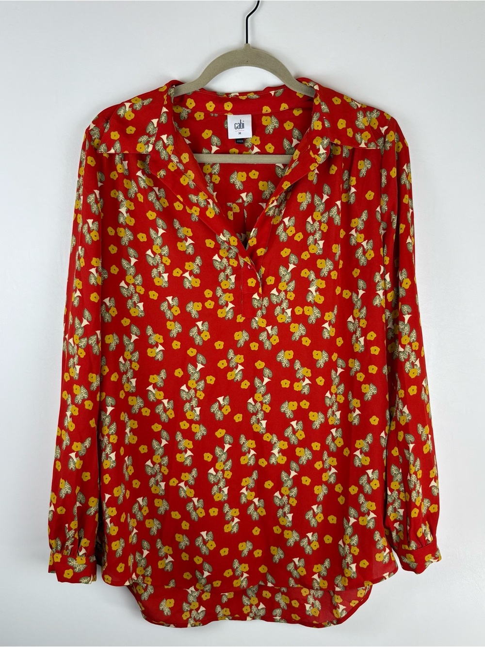 CAbi Womens Medium Blouse Top Floral V Neck Long Sleeve Red Yellow